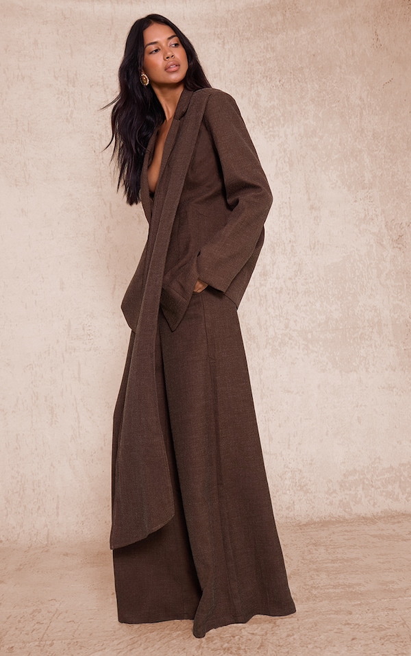Dark Chocolate Woven Drape Scarf Detail Oversized Blazer