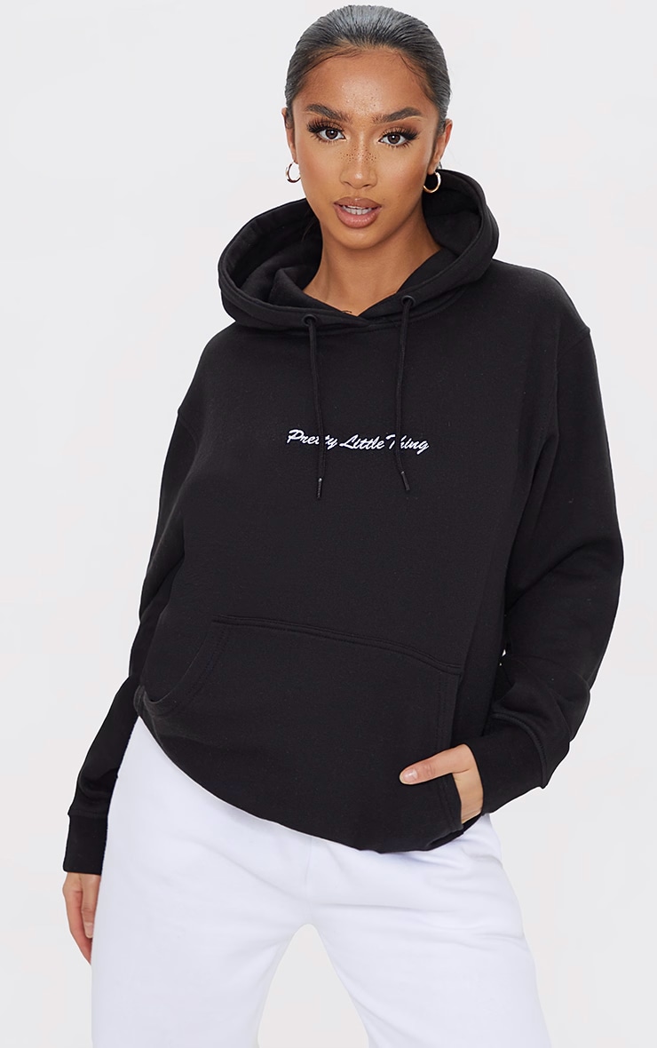 PrettyLittleThingPetite Black Oversized Embroidered Hoodie