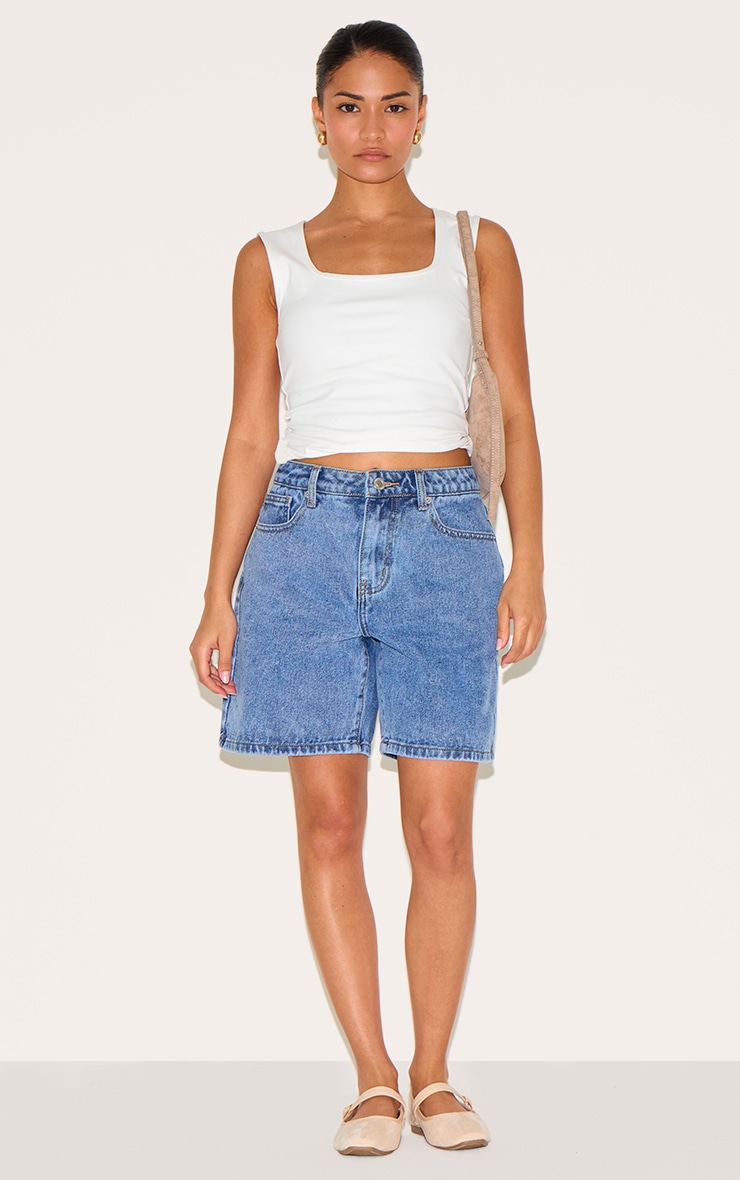 Petite Mid Blue Wash Low Rise Baggy Boyfriend Shorts image 4