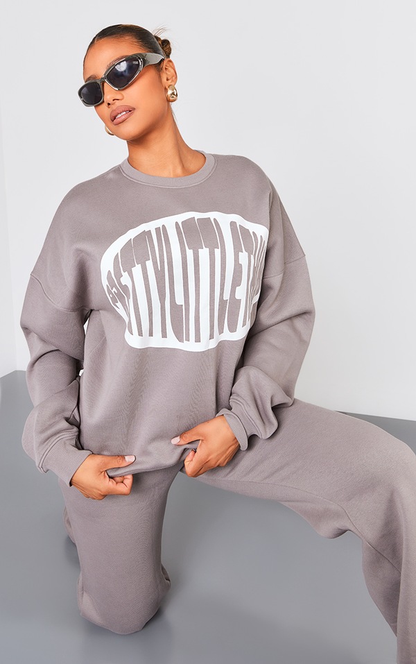 Plt Charcoal Oversized Printed Sweatshirt PrettyLittleThing USA