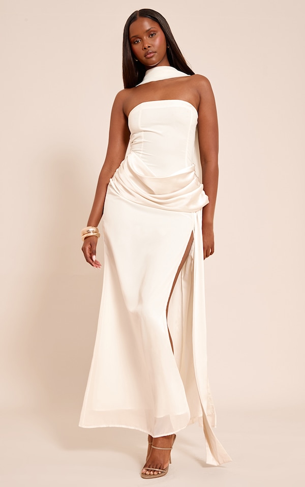 Cream Bandeau Drape Detail Maxi Dress