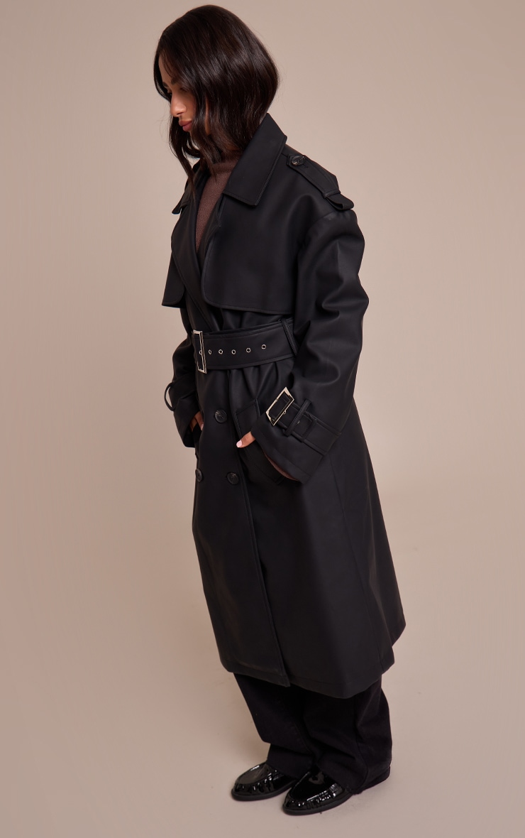 Petite Black Faux Leather Buckle Trench Coat image 3