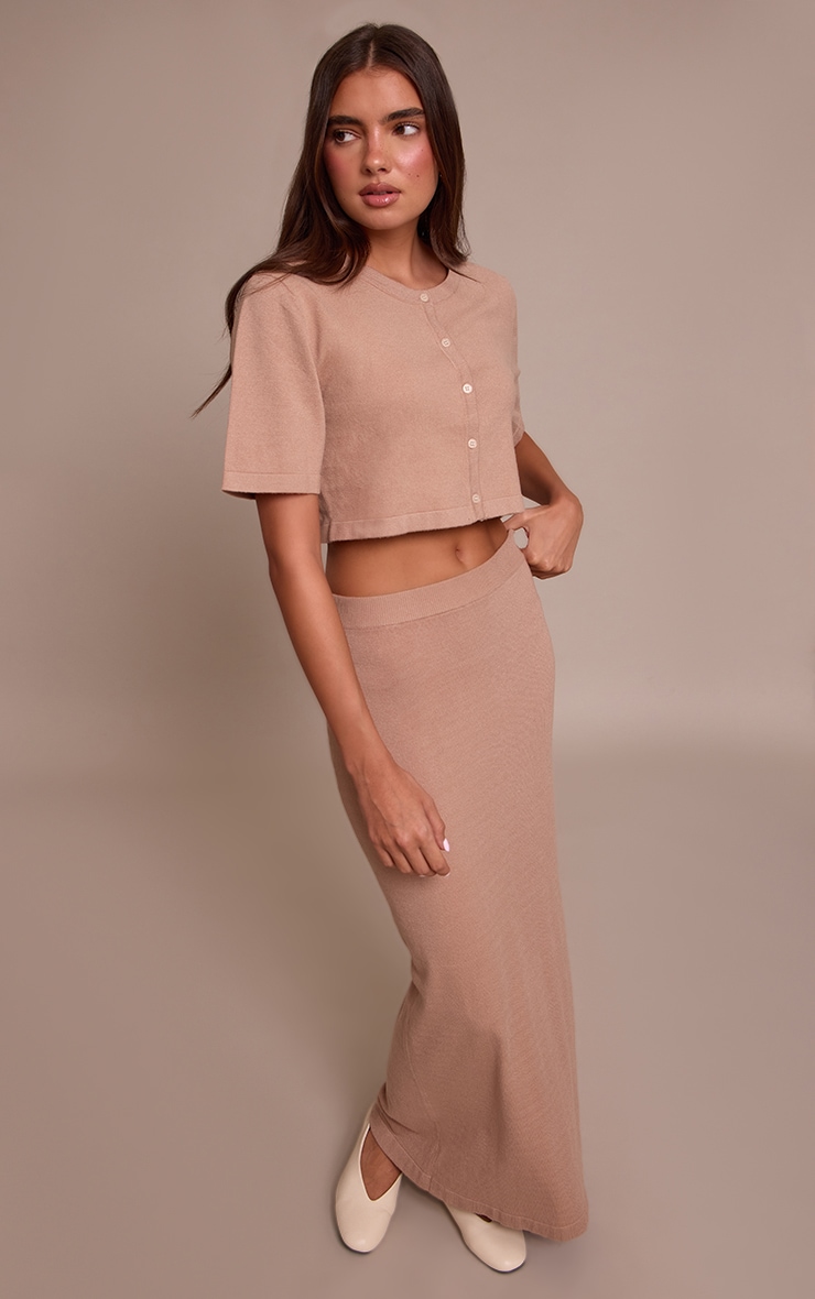 Taupe Short Sleeve Button Through Fine Knit Top image 3