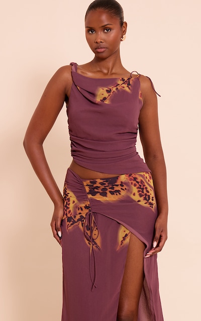 Dark Purple Floral Print Chiffon Ruched Frill Long Top