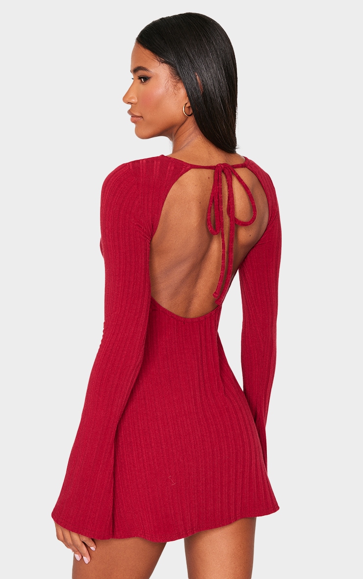 Burgundy Rib Tie Cut Out Back Bodycon Dress Dresses PLT KSA