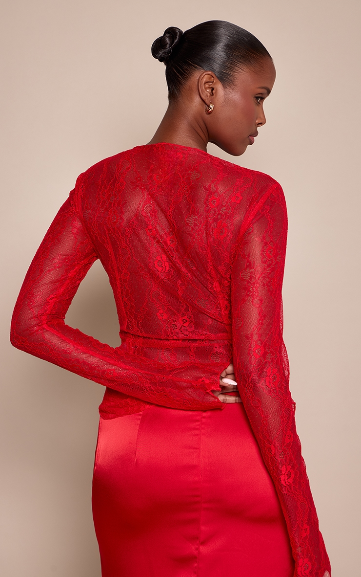 Red Long Sleeve Delicate Lace Top image 2