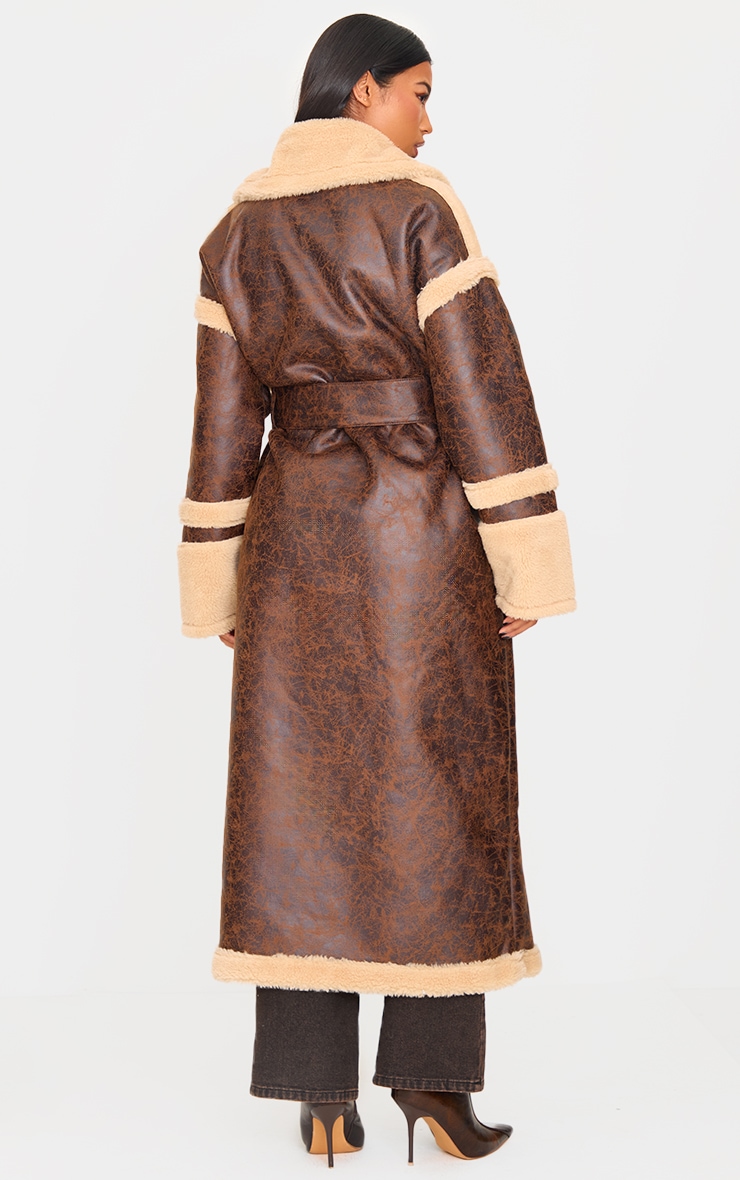 Brown Faux Leather Vintage Look Borg Coat image 2