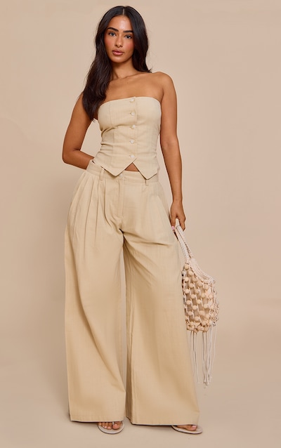 Petite Natural Stone Linen Look Wide Leg Pants