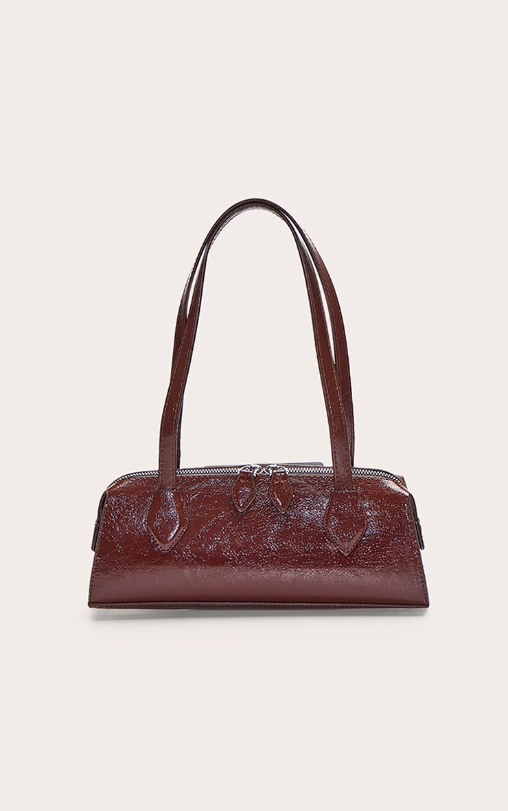 Chocolate Textured Faux Leather Bowler Bag image 5