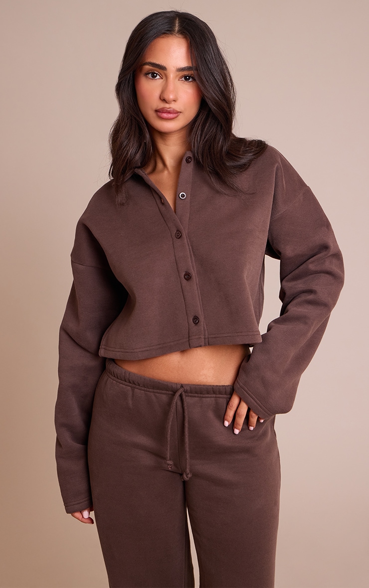 Petite Chocolate Cropped Button Up Collared Sweatshirt image 1