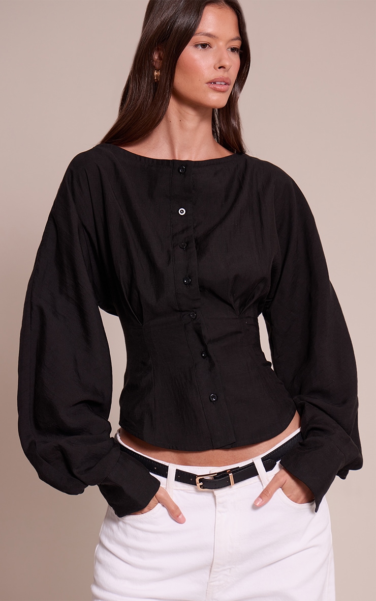 Black Collarless Detail Long Sleeve Shirt image 1
