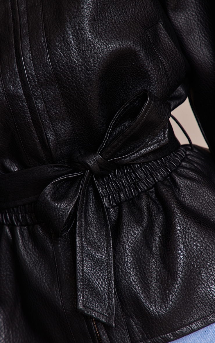 Black Drop Waist Belted Faux Leather Jacket image 4