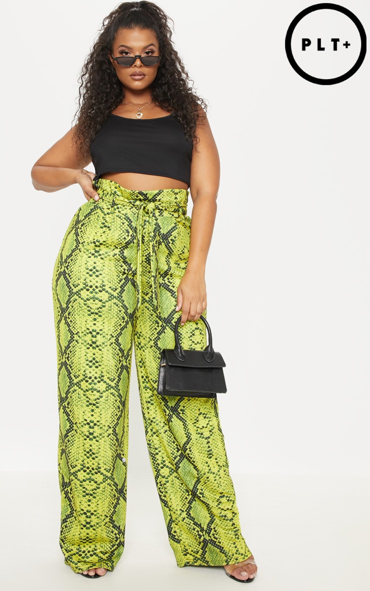 PLUS NEON YELLOW SNAKE PRINT PAPERBAG TIE WAIST WIDE LEG TROUSER