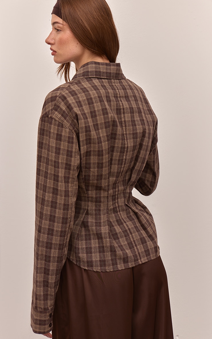 Brown Check Pleated Cinched Waist Shirt image 2
