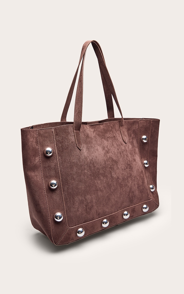 Chocolate Faux Suede Dome Stud Tote Bag image 3