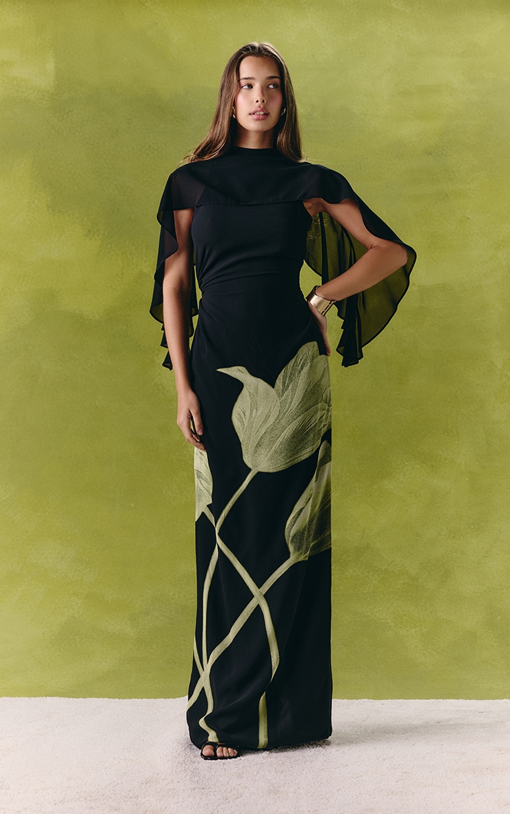 Black Floral Printed Chiffon Cape Overlay Maxi Dress image 4