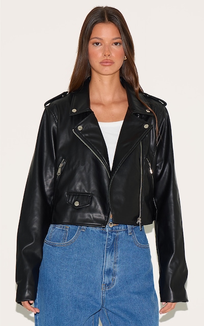 Black Basic Faux Leather Pocket Detail Biker Jacket