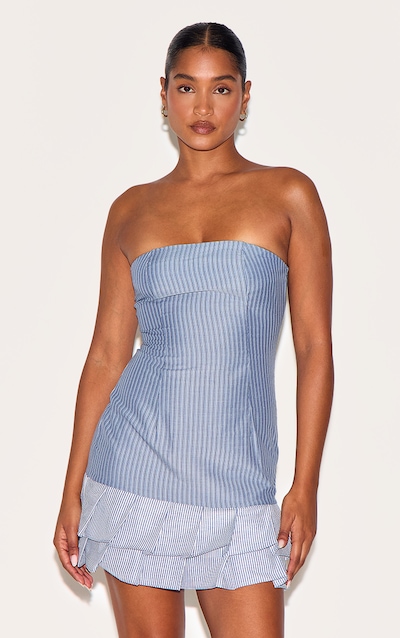 Robe bustier droite bleue à fines rayures et partie contrastante