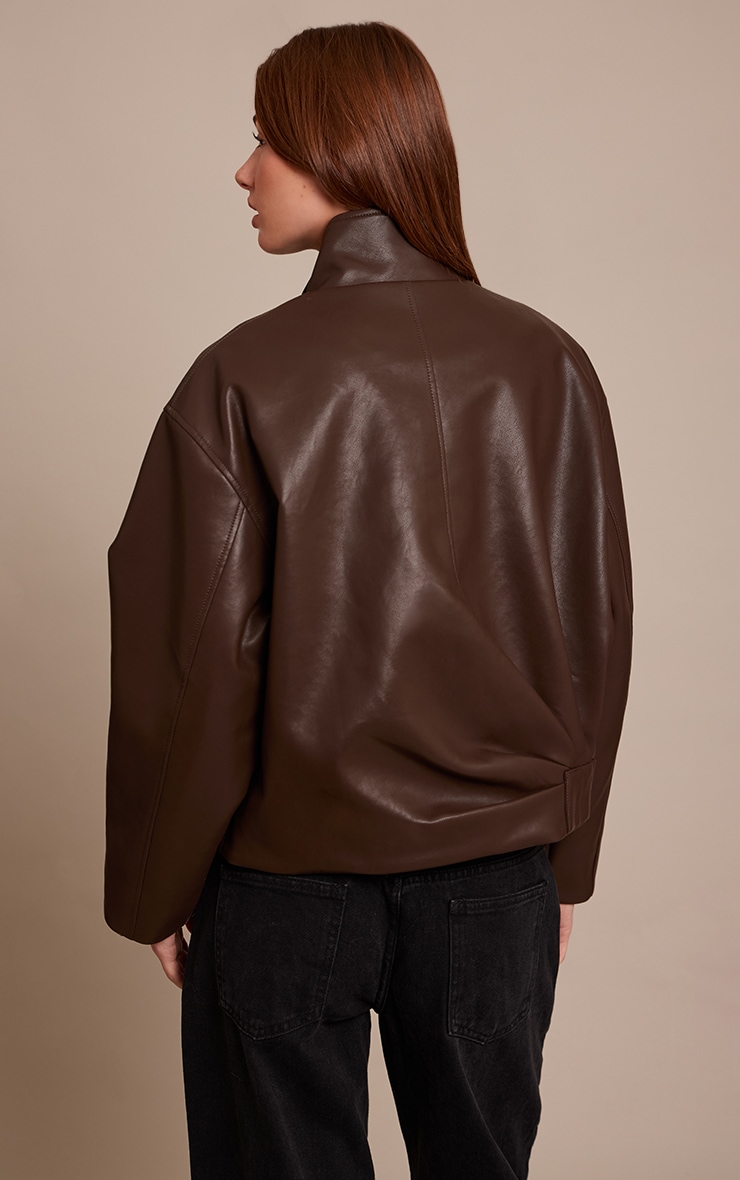 Chocolate Brown Faux Leather Funnel Neck Gathered Back Bomber Jacket  image 2
