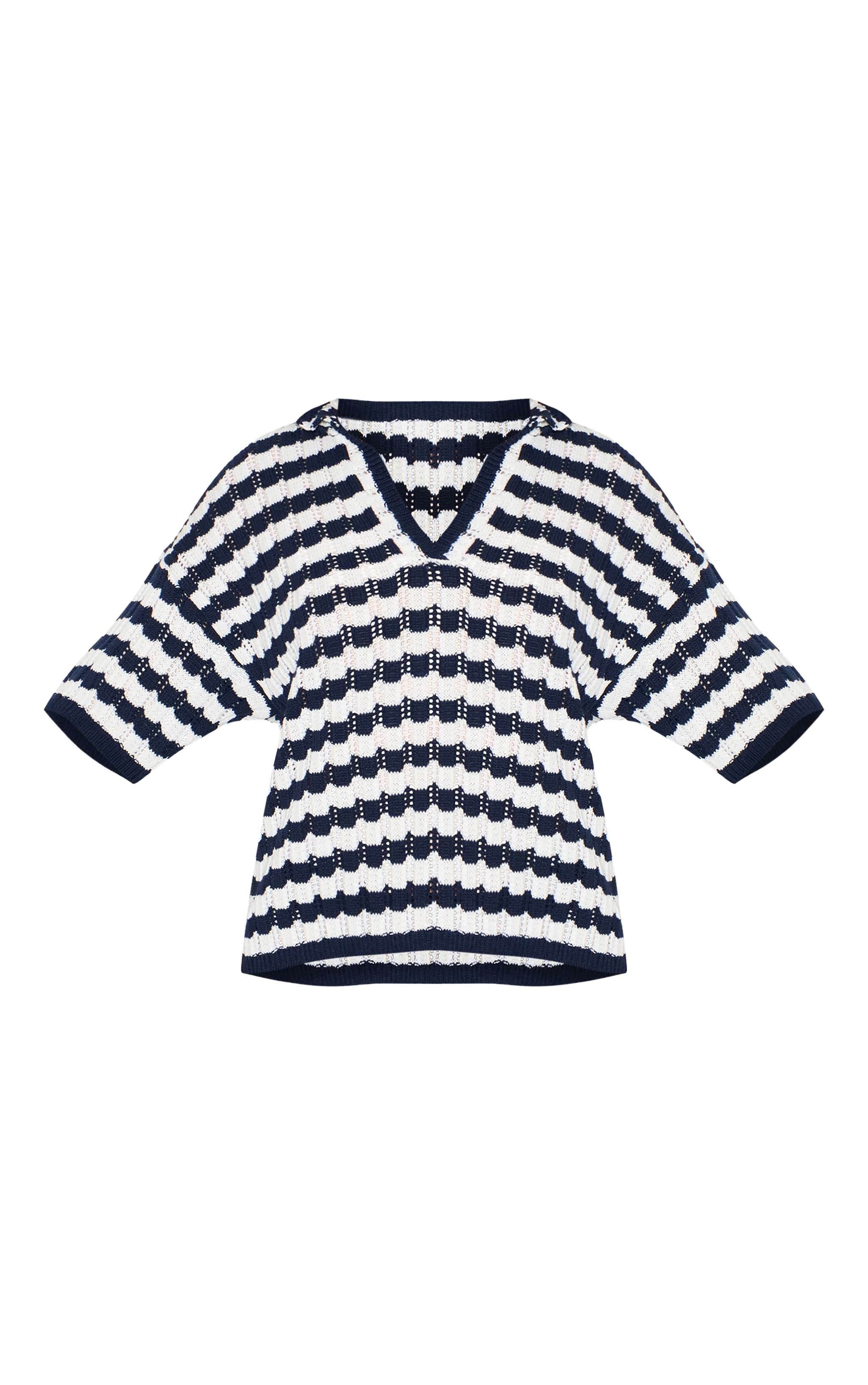 Top style rugby en maille style crochet bleu marine à rayures image 5
