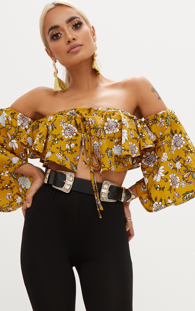 yellow floral tie front top