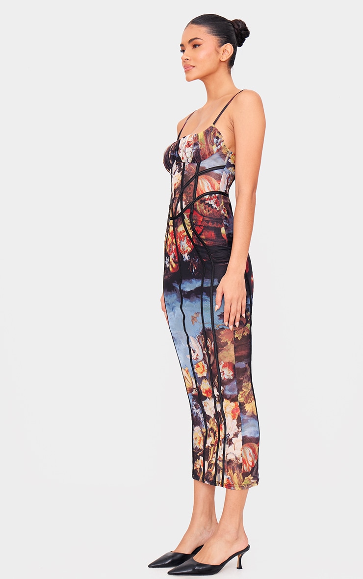 Multi Floral Print Mesh Binding Detail Midaxi Dress image 3
