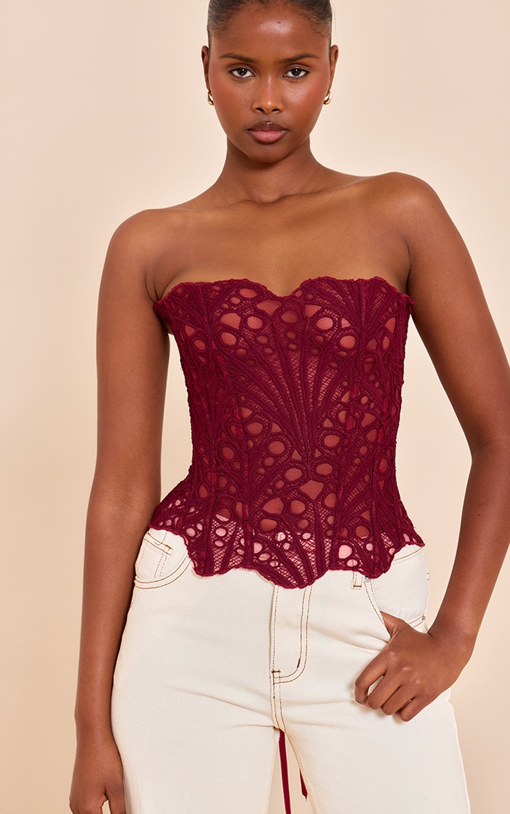 Wine Textured Sheer Floral Lace Corset image 1