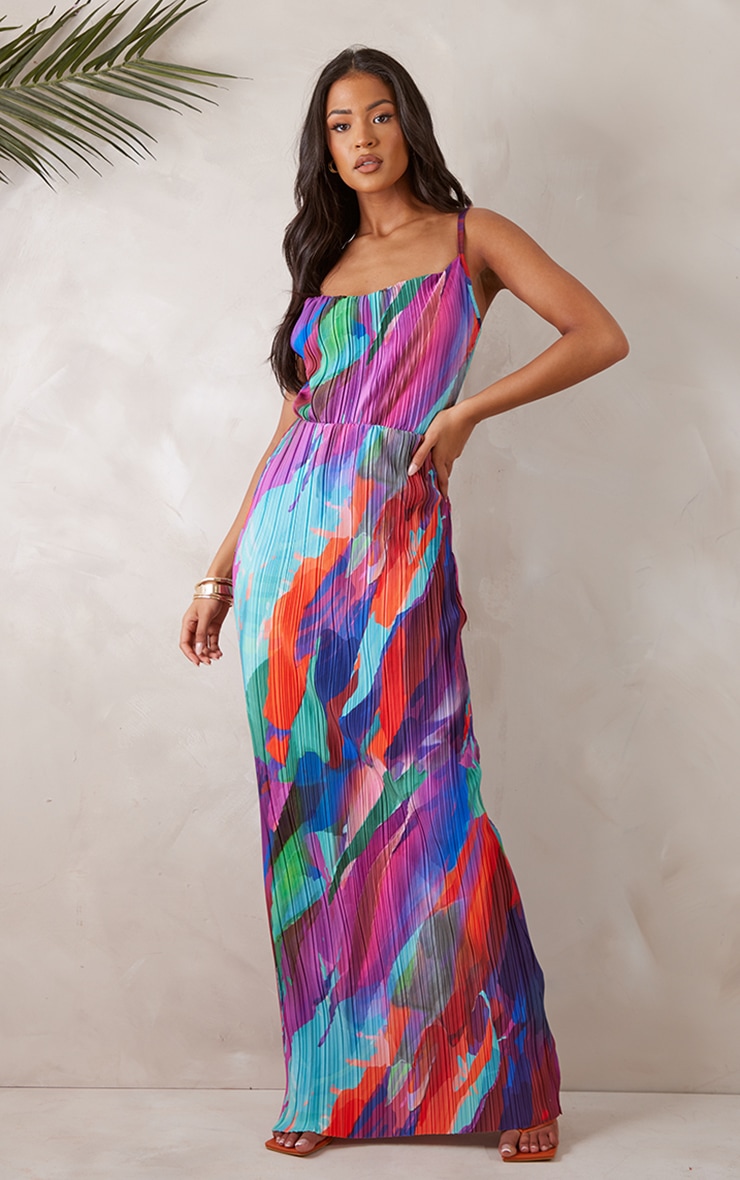 Tall Multi Abstract Print Plisse Strappy Maxi Dress image 3