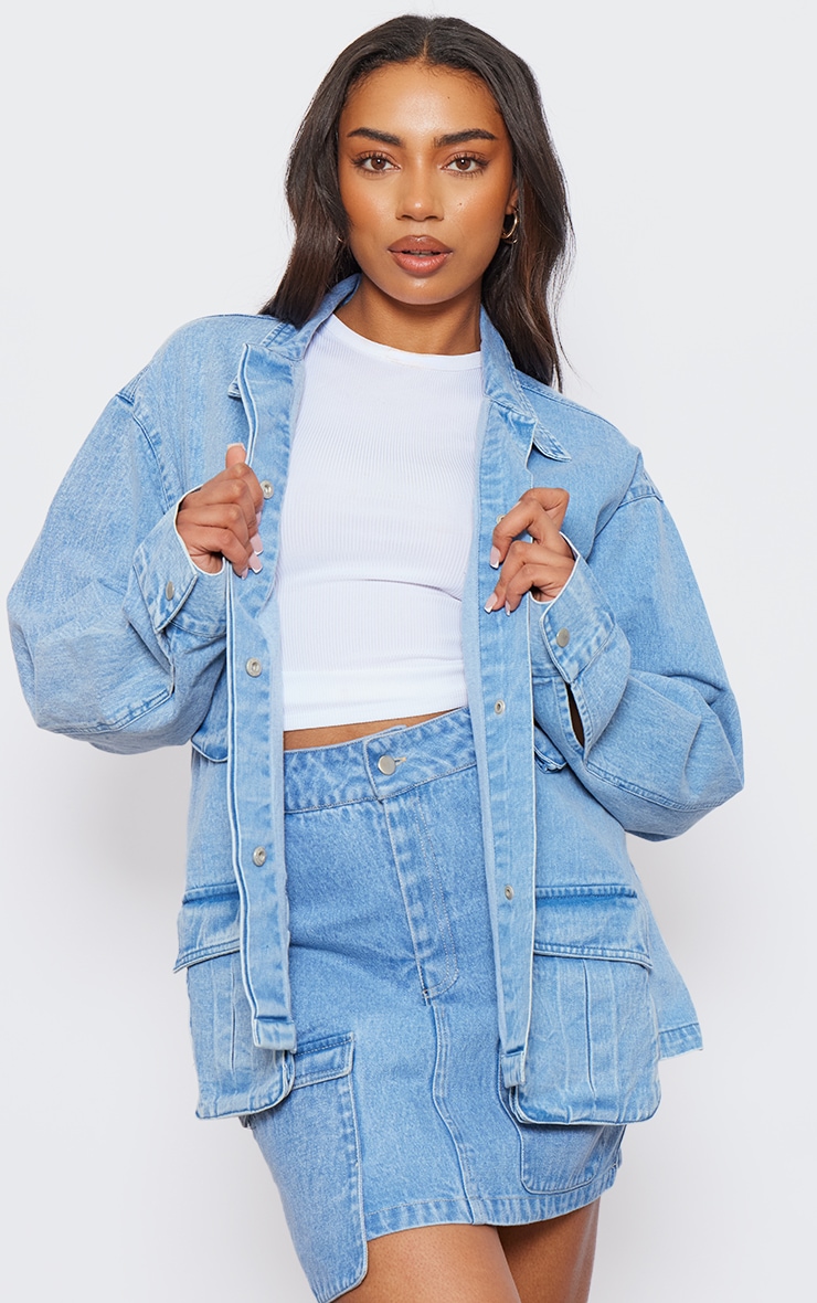 Tall Washed Blue Pocket Detail Oversized Denim Jacket image 1