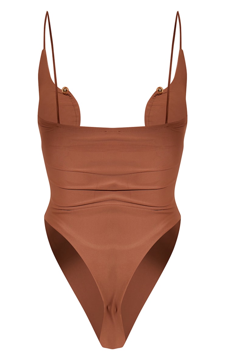 Brown Trim Detail Plunge High Leg Swimsuit image 2