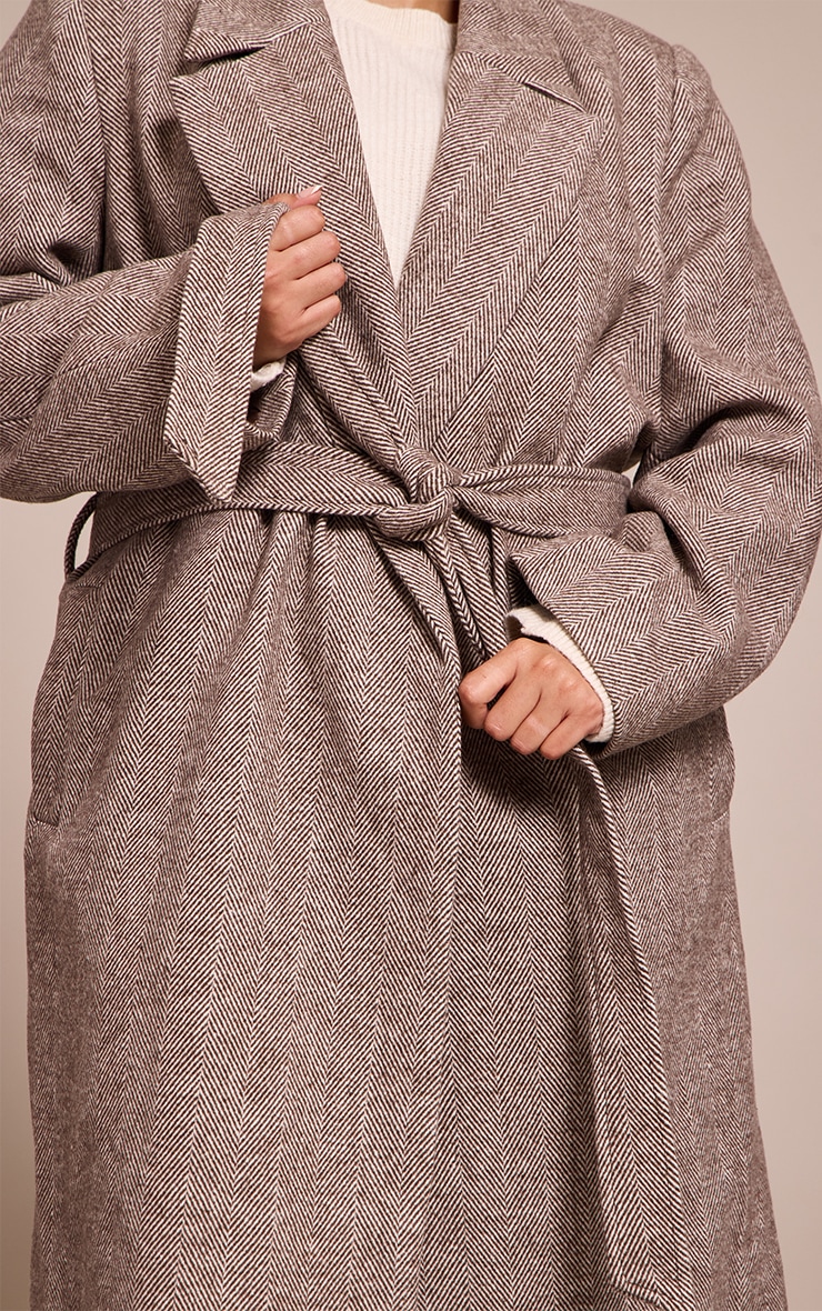 Plus Brown Herringbone Tie Waist Maxi Coat image 4