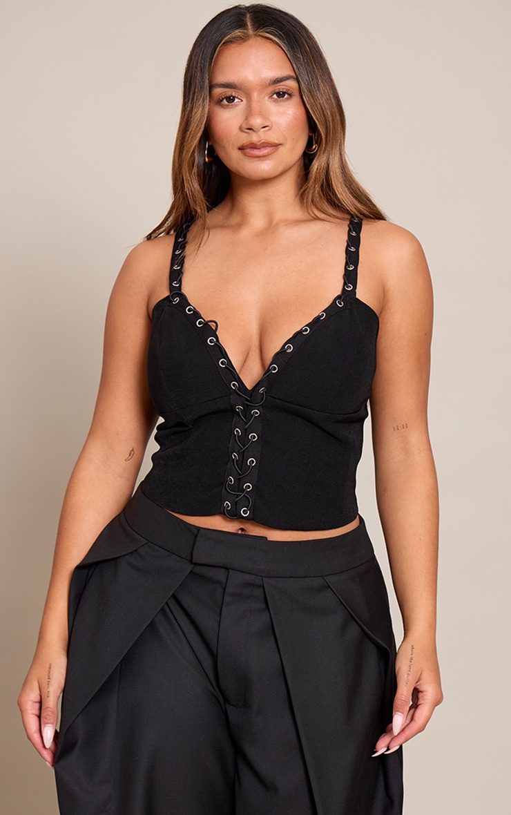 Shape Black Woven Plunge Lace Up Detail Corset image 1