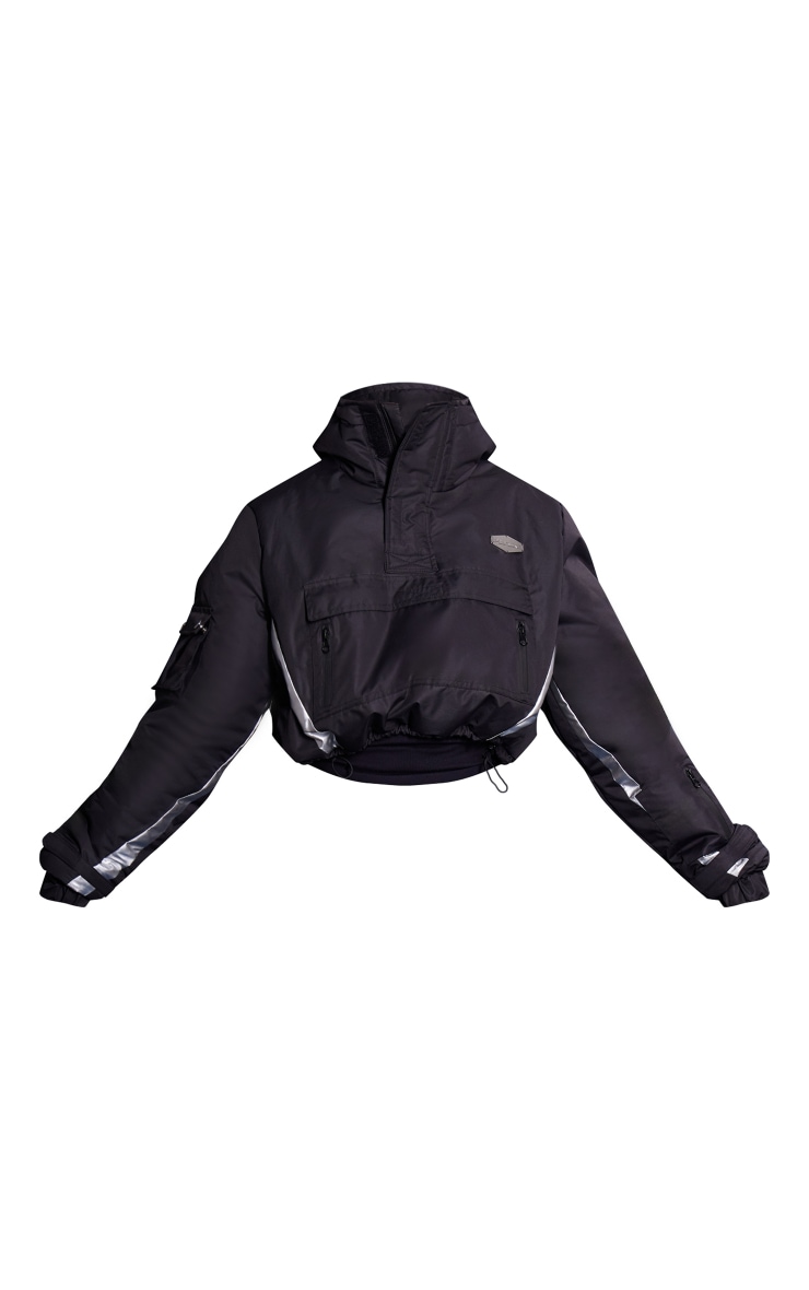 PRETTYLITTLETHING Plus Black Reflective Panel Pull Over Cropped Puffer Coat image 5