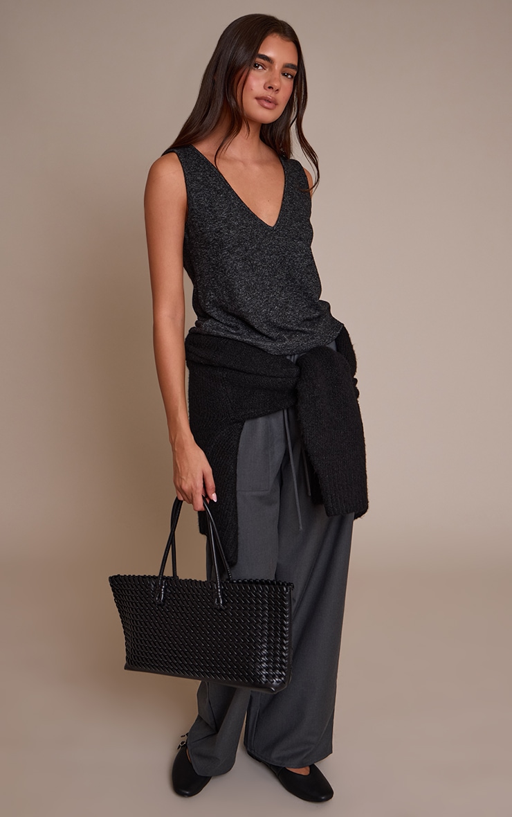 Charcoal Soft Knit V Neck Slouchy Vest Top image 3