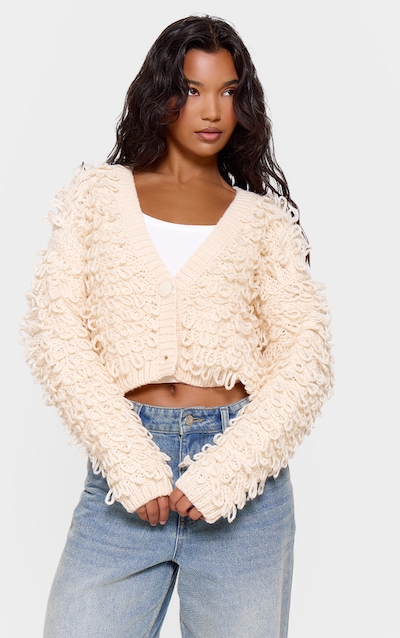 Cream Loop Knit V Neck Button Up Cardigan