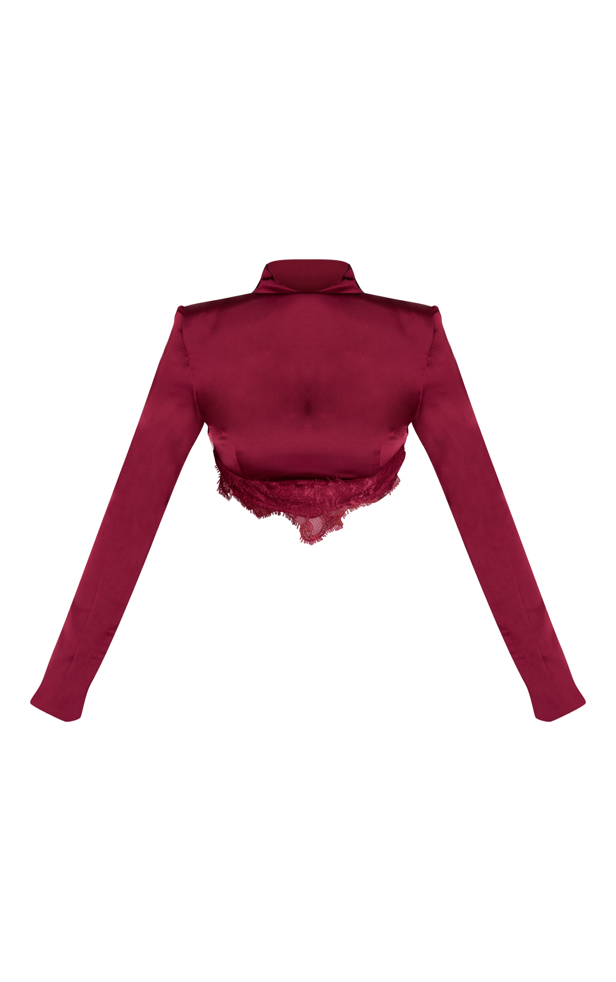 Burgundy Satin Lace Trim High Neck Long Sleeve Top image 5