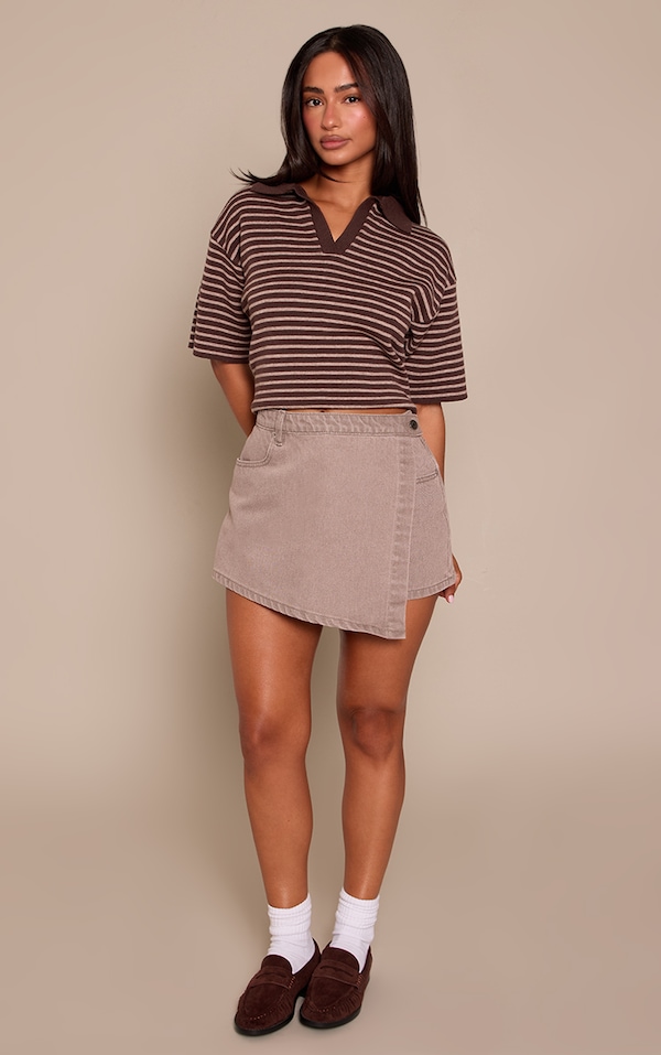Petite Mushroom Wrap Front Denim Mini Skort