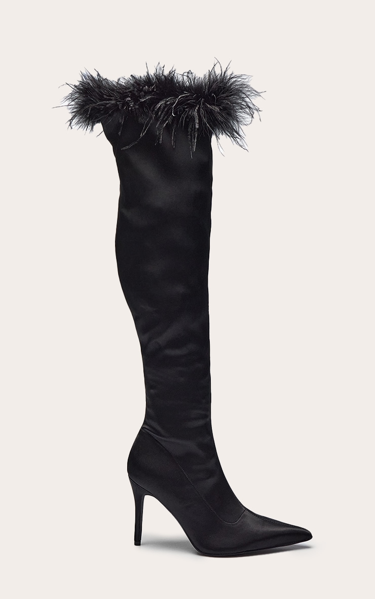 Black Satin Feather Trim Heeled Knee High Boot image 2