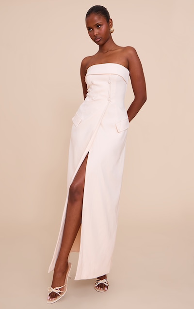 Butter Cream Tailored Woven Button Split Detail Bandeau Maxi Dress