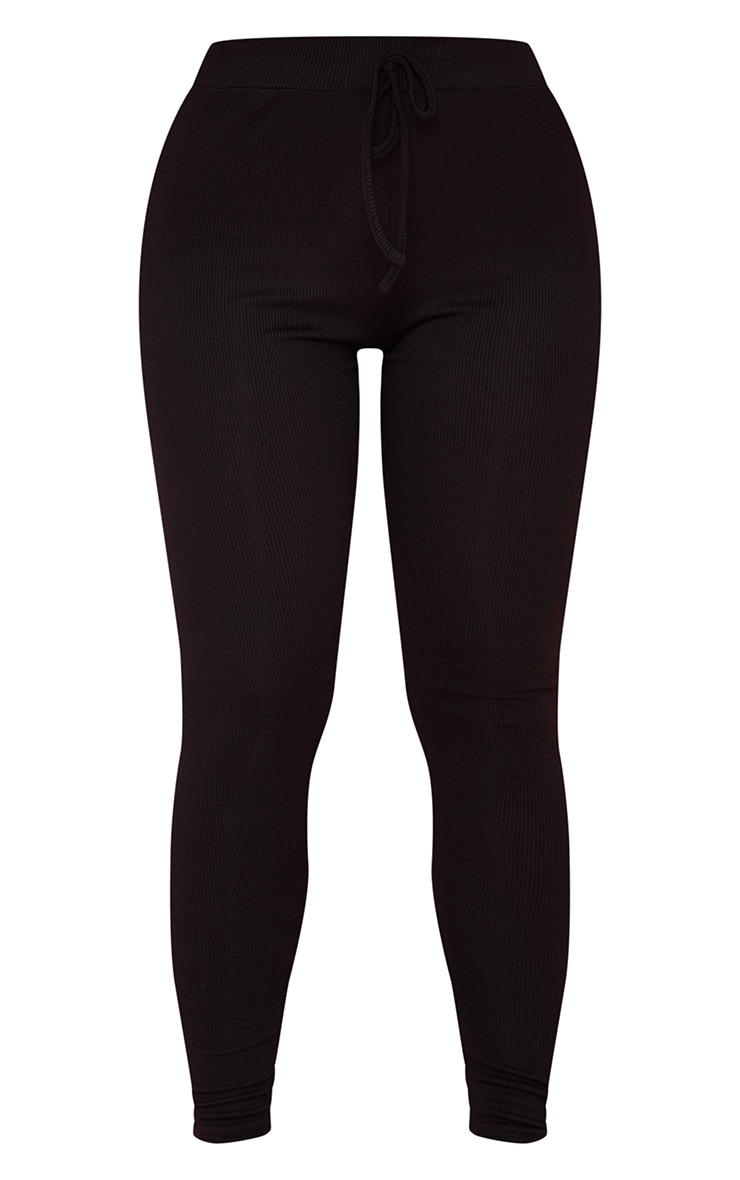 Black Rib Drawstring Waist Leggings image 3