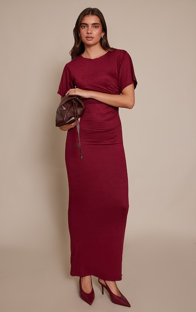 Burgundy Boat Neck Jersey Short Sleeve Maxi Dress