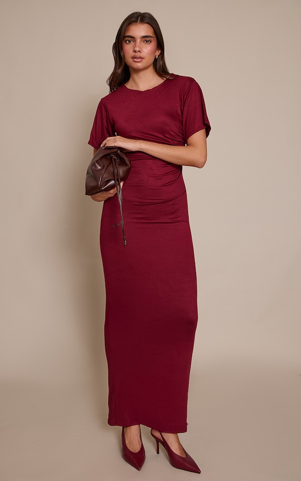 Burgundy Boat Neck Jersey Short Sleeve Maxi Dress