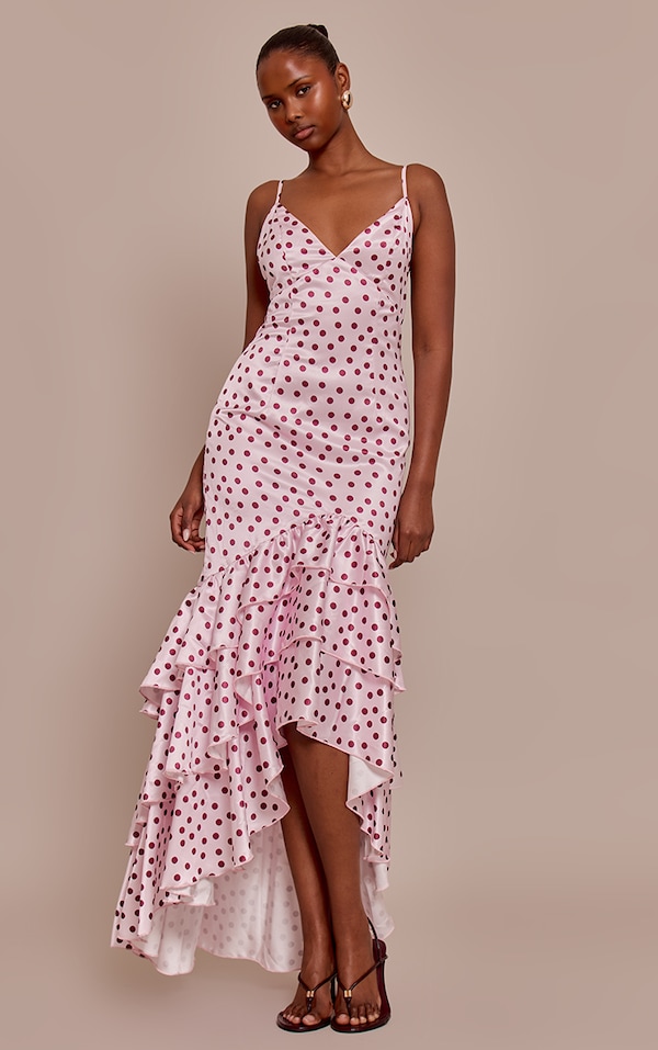 Pink Polka Dot Satin Plunge Extreme Frill Hem Maxi Dress