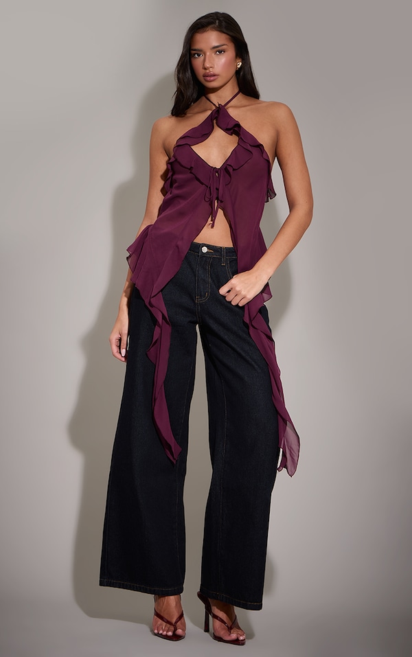Plum Chiffon Ruffle Drape Detail Longline Top