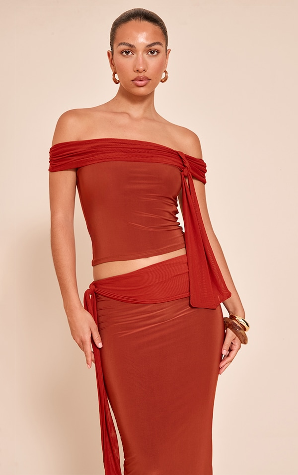  Burnt Orange Double Slinky Knotted Bardot Top