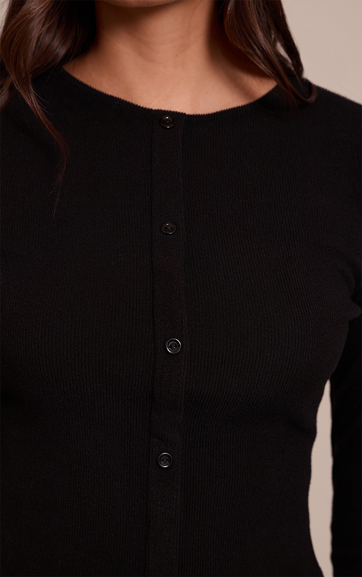 Black Brushed Rib Button Through Long Sleeve Top image 4