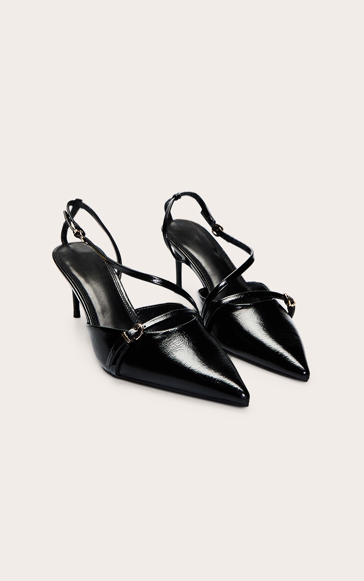 Black Crinkle Point Toe Buckle Detail Low Heel Courts image 3
