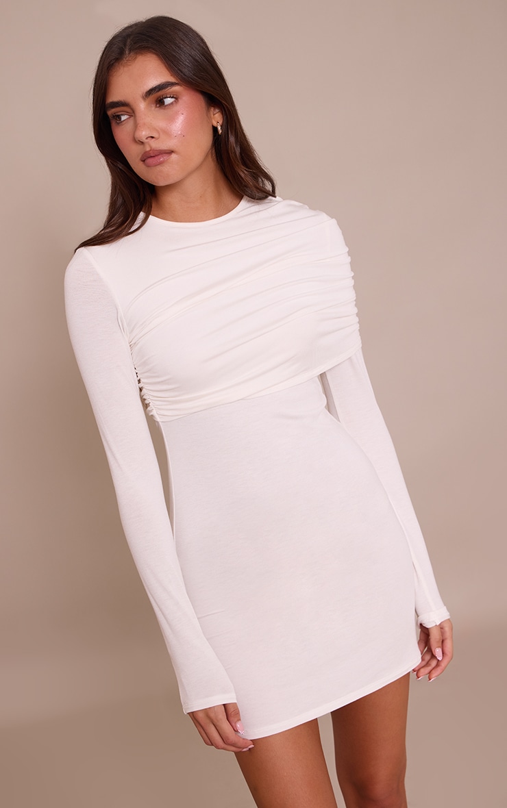 Cream Jersey Overlay Detail Long Sleeve Bodycon Dress