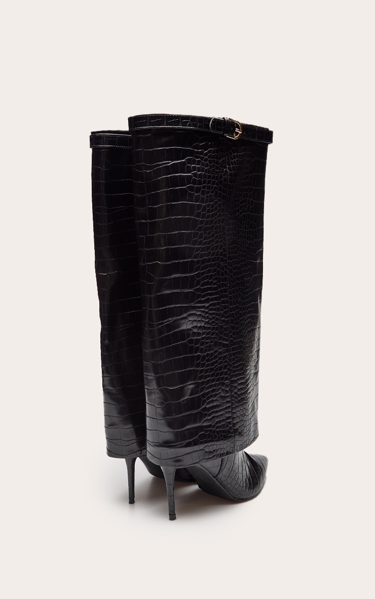Black Croc Fold Over Heeled Knee High Boot image 4