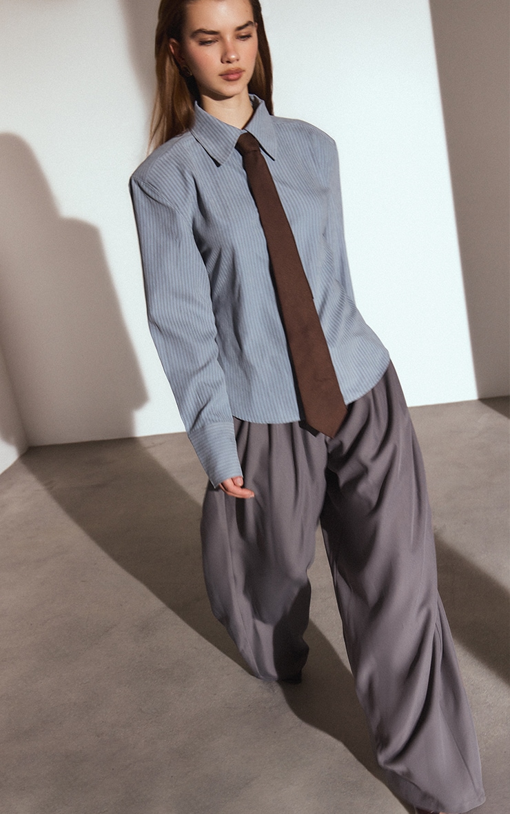 Grey Pleated Eyelet Waistband Wide Leg Pants image 1